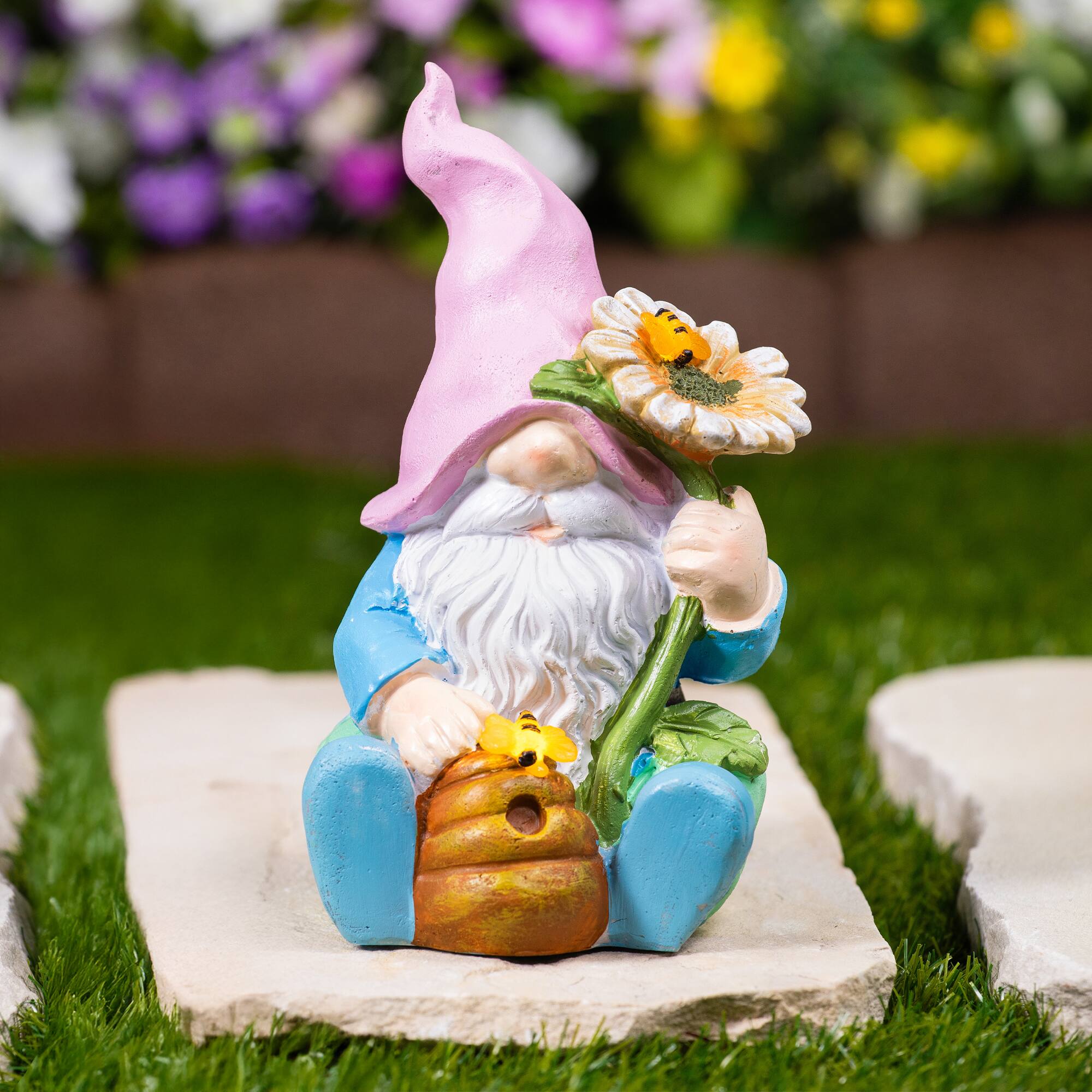 LED Solar Lighted Sunflower Gnome Outdoor Garden Statue - 8.5"